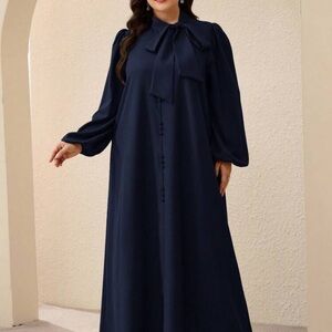 Women's Navy Bow-Neck Long Sleeve Dress